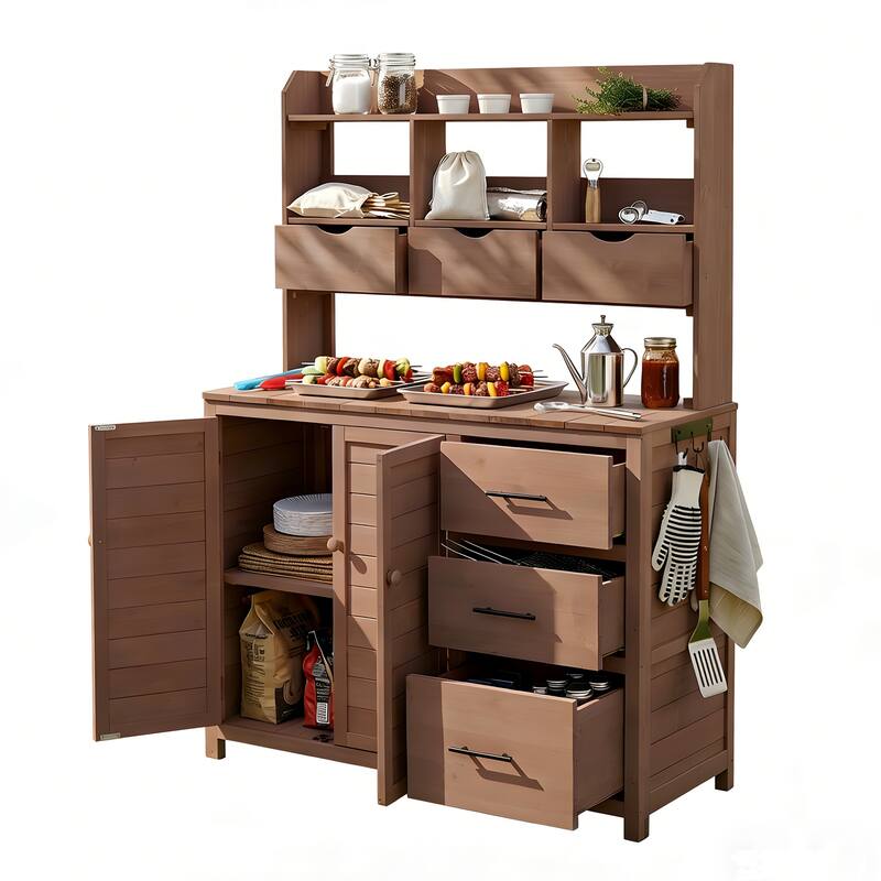 Roomfitters Garden Potting Bench with Storage Hutch, Outdoor Potting Table with 6 Drawers and Cabinets, Shelves