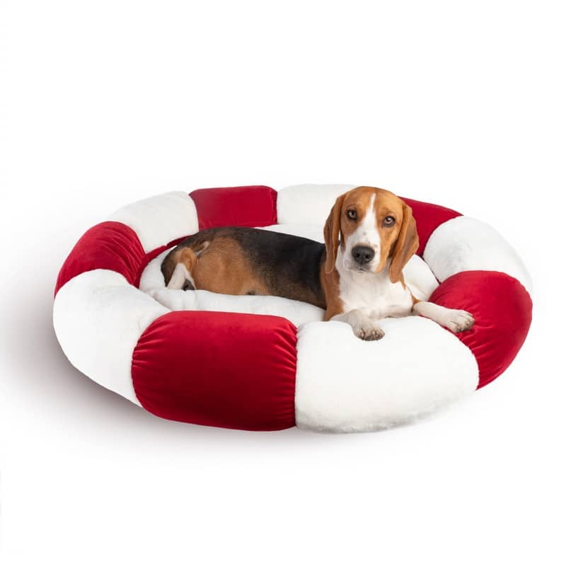 Sherry Kline Holiday "Daisy" Round pet bed in red velvet and natural sherpa - 27"x27"