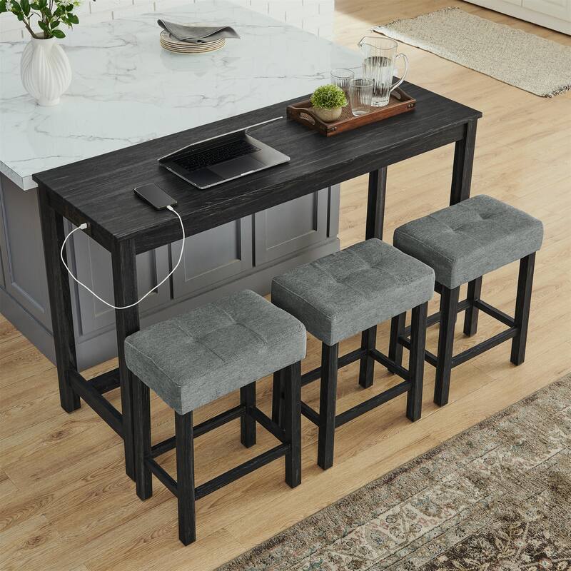 59" Counter Height Bar Table Set with Power Outlet, Industrial Breakfast Table with 3 Stools, 4 Piece Bar Table and Chairs Set