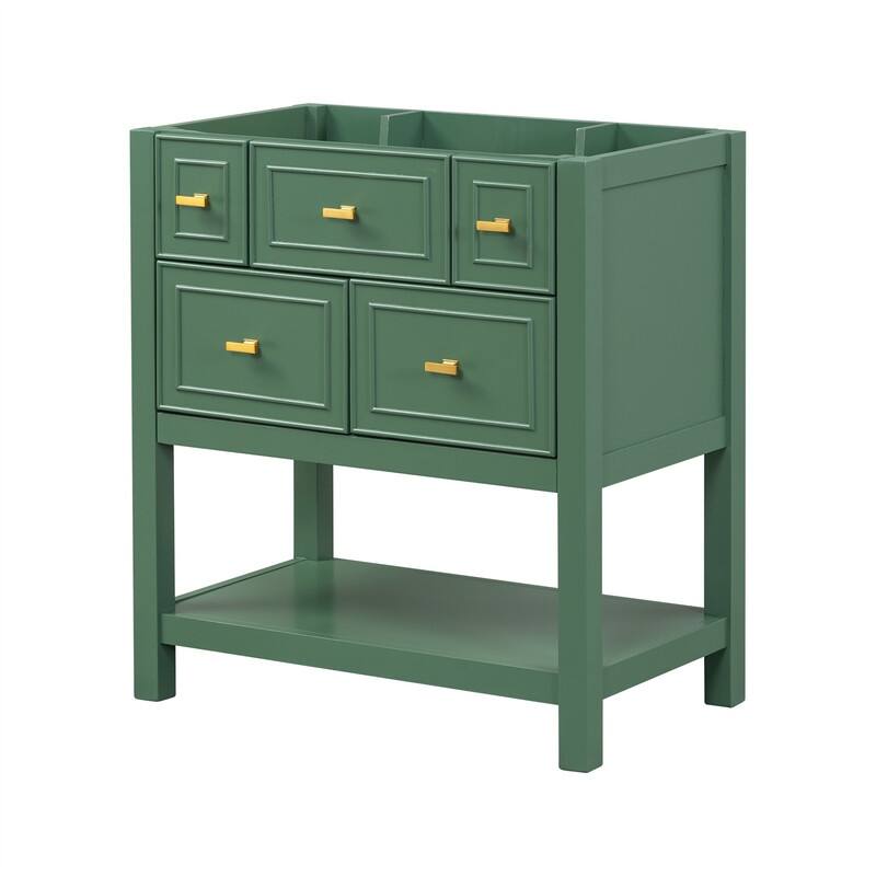 30'' Bathroom Vanity with/without Resin Sink, Freestanding Bathroom Vanity Cabinet with 5 Drawers & Open Shelf, Solid Wood Frame