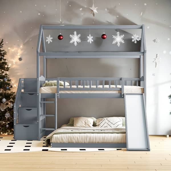 slide 2 of 20, Twin Over Twin Bunk Bed with Slide and Storage Grey