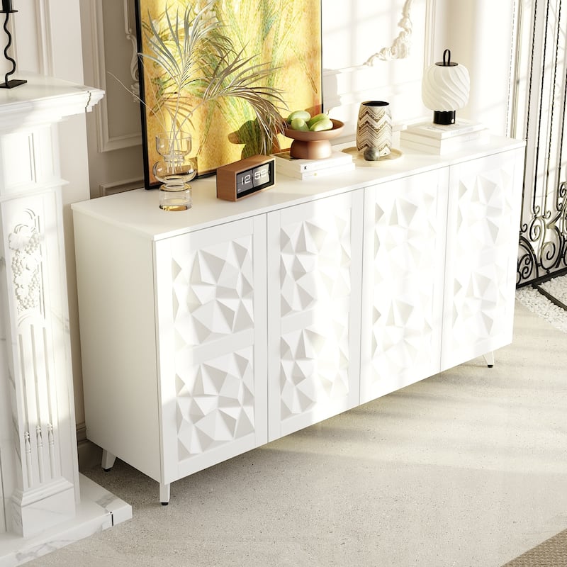 Geometric 4-Door Sideboard Buffet Cabinet with Adjustable Shelves, White Finish