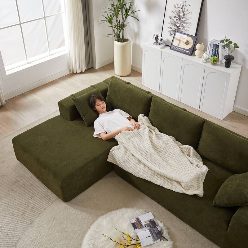 Chenille Upholstered Sectional Daybed Modular Sleeper Couch L Shape Sofa with Chaise Lounge & 6 Pillows for Living Room Loveseat