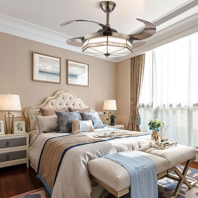 42'' 4 Retractable Blades Tiffany Style LED Ceiling Fan with Remote - 42 inches