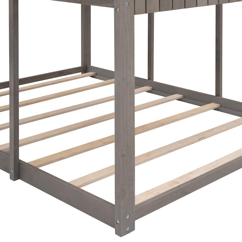 Full Over Full WoodBunk Bed with Roof, Window, Guardrail, Ladder(Antique Gray)