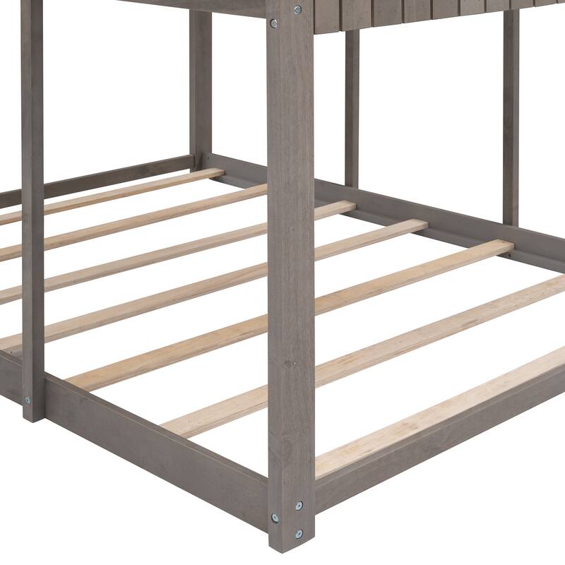 Sturdy Full Over Full Wood Bunk Bed with Playhouse Roof and Guardrails, 400lbs Capacity