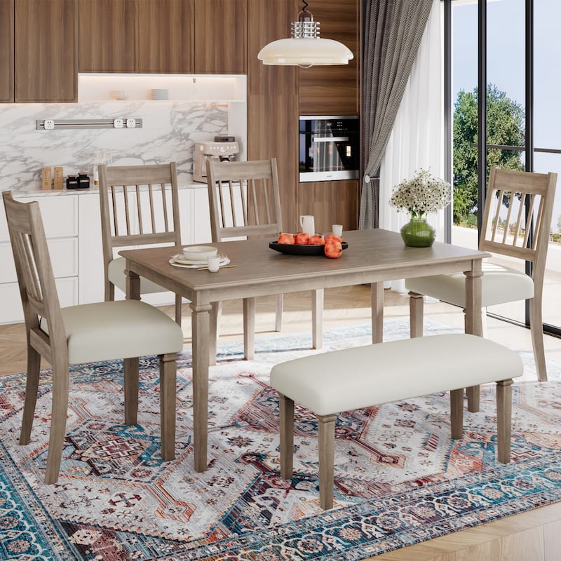 Retro 6-Piece Dining Room Set, Classic Wooden Table with 4 Chairs and Bench for Stylish Kitchen Decor - Brown