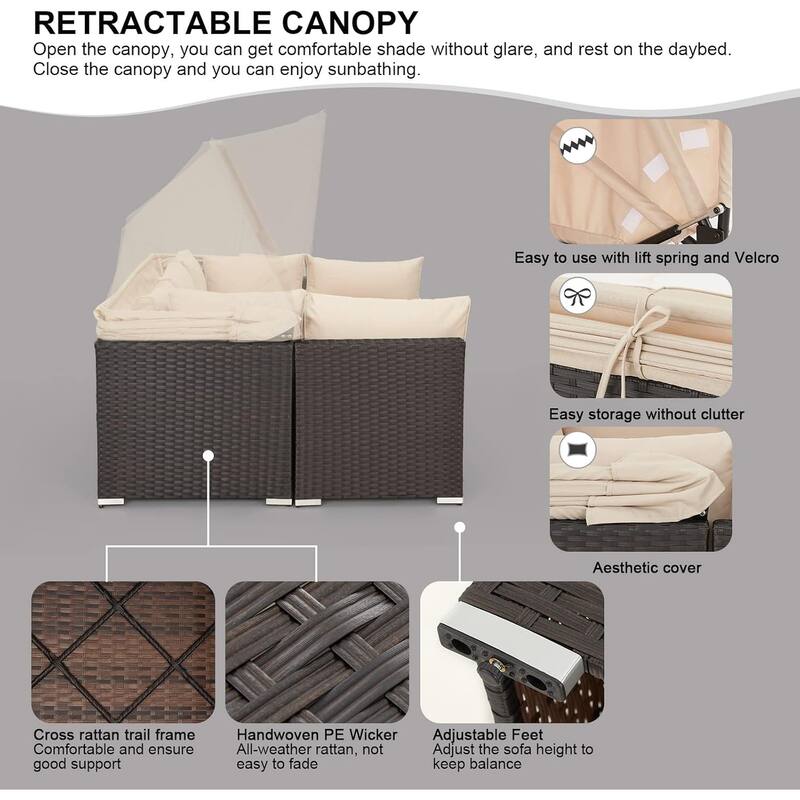 Erommy 6-Piece Patio Set - Rattan Daybed with Canopy & Adjustable Backrest