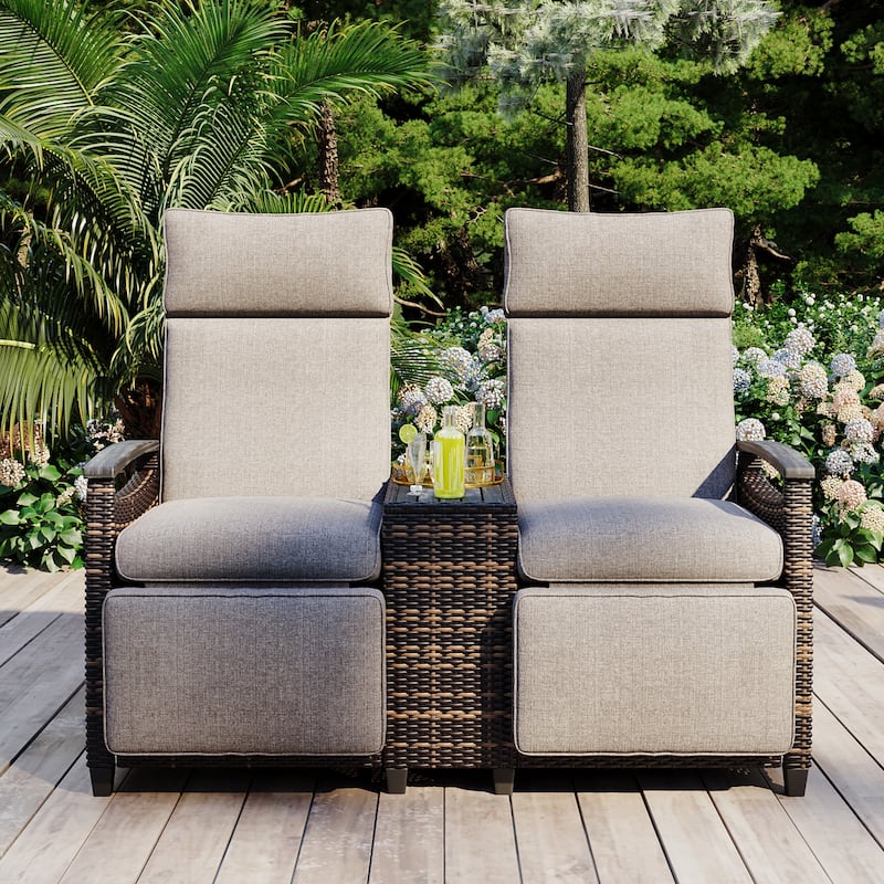 Outdoor Patio Recliner Loveseat Chair with Adjustable Backrest, All Weather 2 Seater PE Wicker Lounge Chair with Storage Box