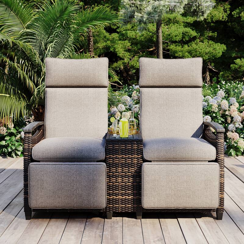 Patio Recliner Loveseat Chair w/ Adjustable Backrest, Wicker Outdoor Lounge Chair Set with Acacia Wood Armrest, Gray - Brown