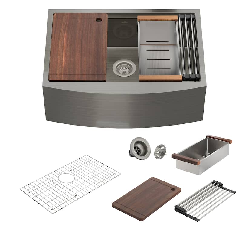 Stainless Steel Sink 16-Gauge Single Bowl Farmhouse Apron Workstation Kitchen Sink in Brushed with Accessories - 30" x 22"