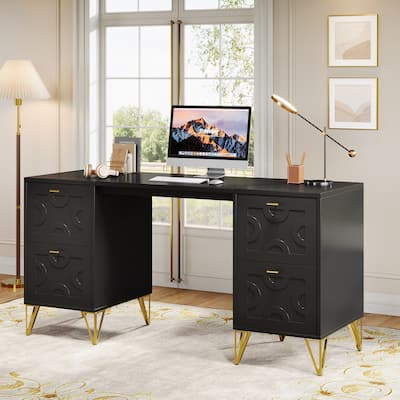 White Computer Desk with File Drawers, 59'' Modern Home Office Desk