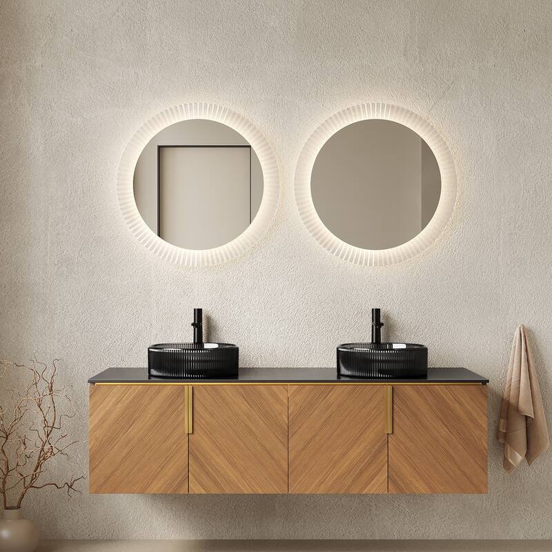 Wall-Mounted Bathroom Vanity with Round Ceramic Sink - 59.84'' x 19.69'' x 20.71'' - Brown Oak and Dark Black
