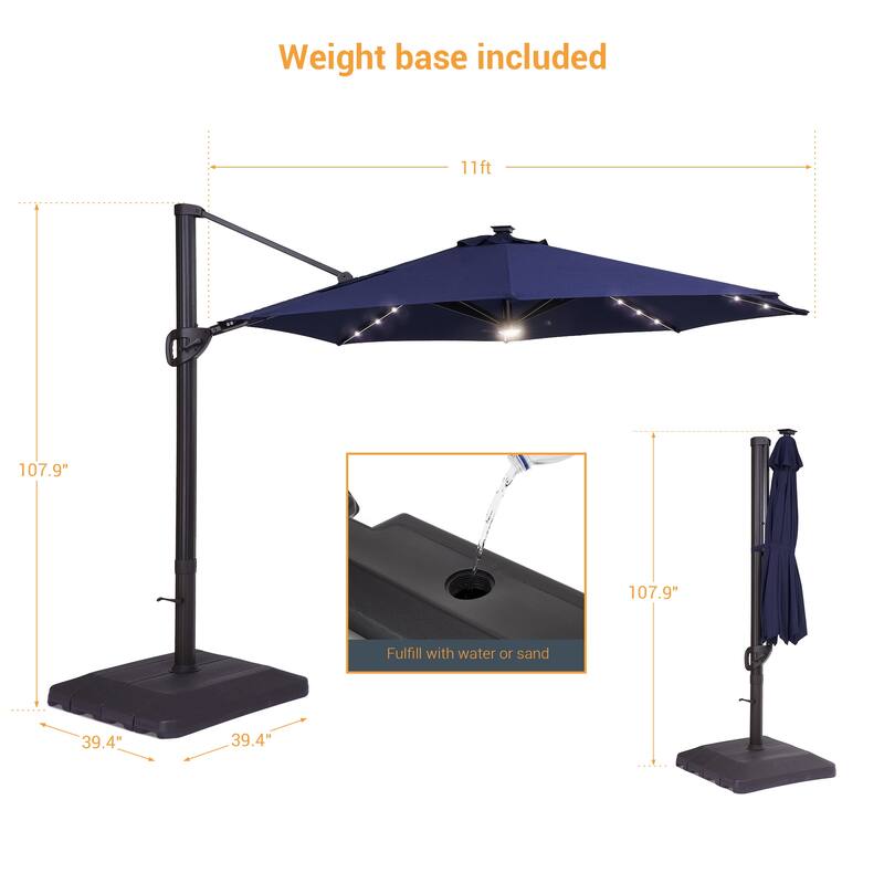 LIVOOSUN 11Ft LED Patio Hanging Octagon Cantilever Umbrella with 360-degree Rotating Canopy