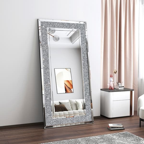 slide 2 of 8, Full Length Floor Mirror - Luxury Crystal Surround Full Body Mirror 71'' H X 34'' W X 1'' D