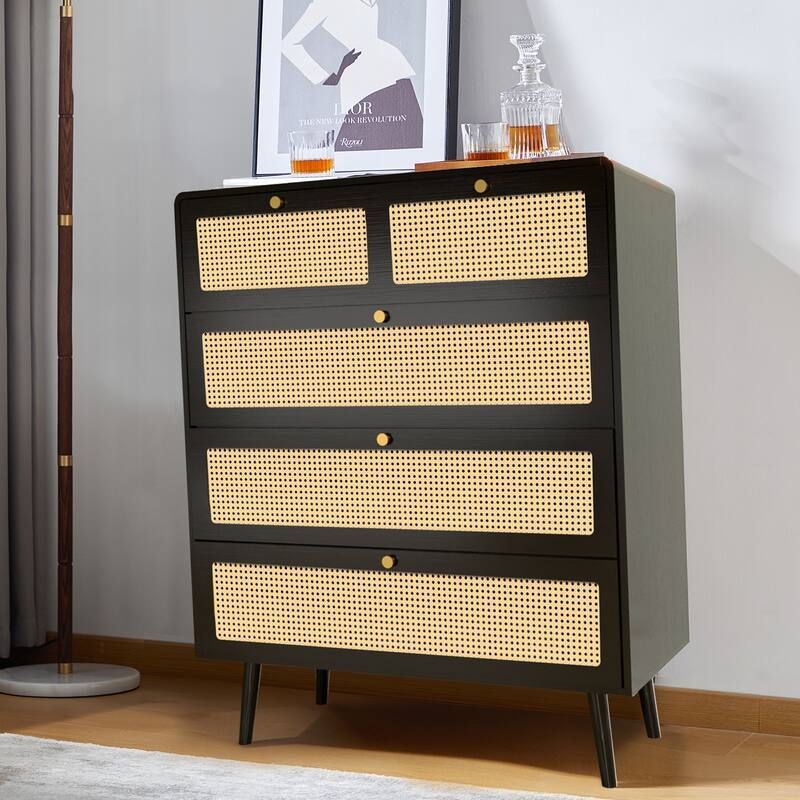 Rattan Dresser Chest with 4 Drawers, Farmhouse Wood Storage Cabinet - 31.50"Lx15.74"Wx38.58"H