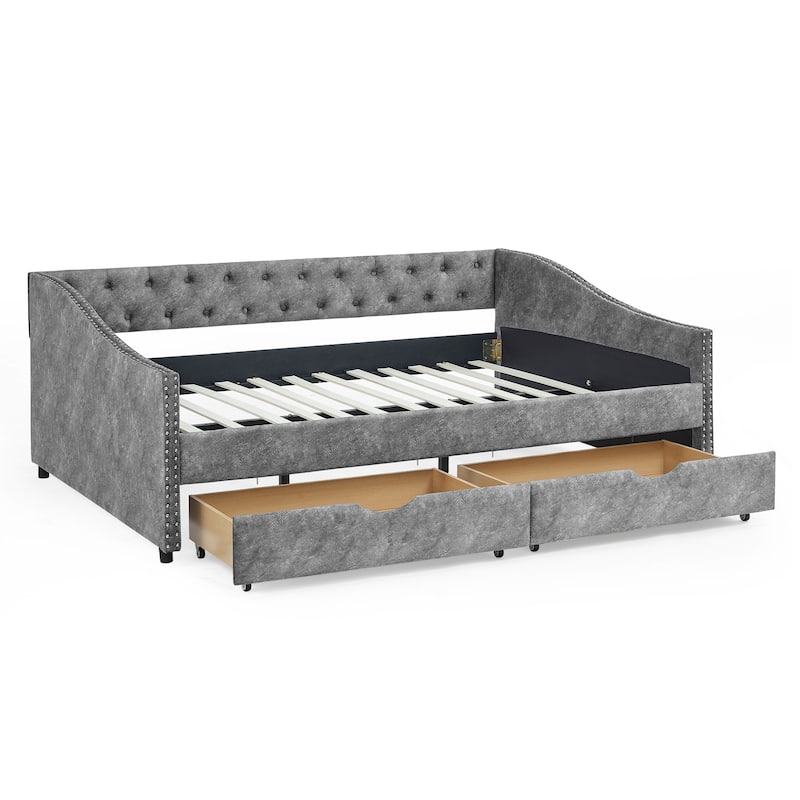 Mid-Century Linen Upholstered Daybed Platform Bed Frame with Storage Drawers, Button Tufted Back and Nailhead Trim Arms