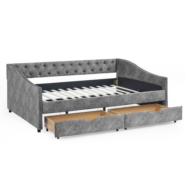 Tufted Button Daybed with 2 Storage Drawers/Upholstered Sofa Bed Frame w/Copper Nail on Waved Shape Armrests/No Spring Box Need