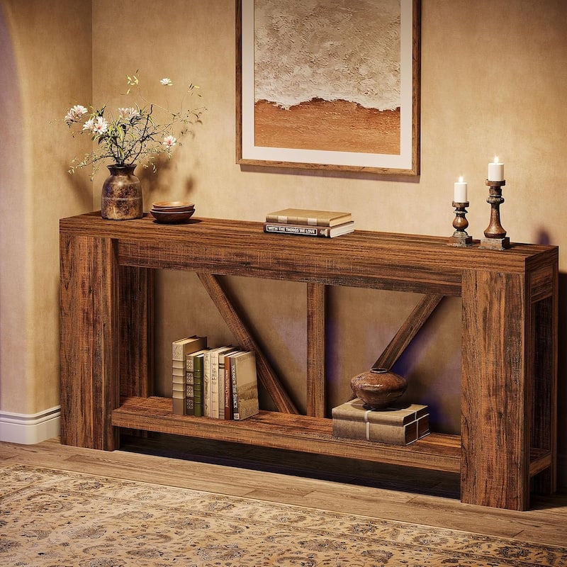 70.9” Brown MDF Entryway Table, 2-Tier Console Table for Living Room