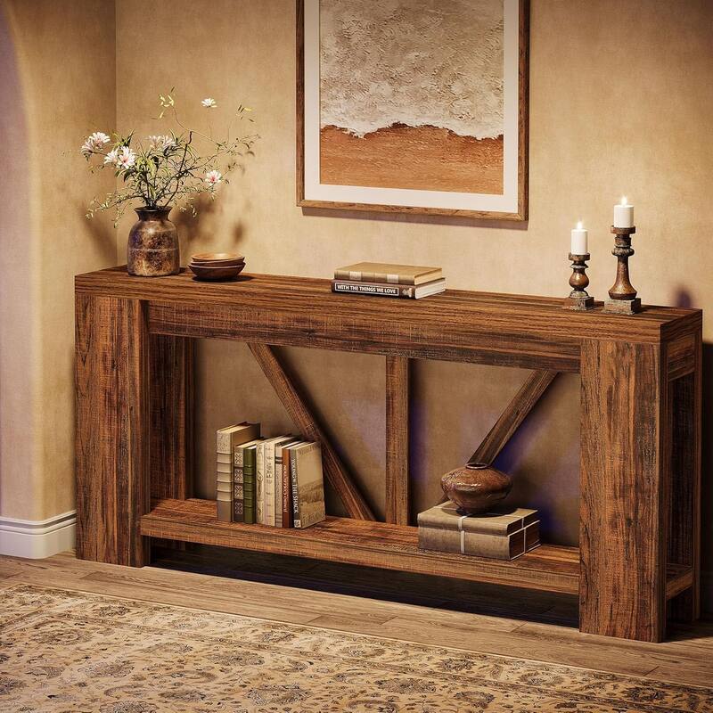 70.9 Inches Brown Engineered Wood Console Table, 2-Tier Behind Couch Sofa Table for Living Room