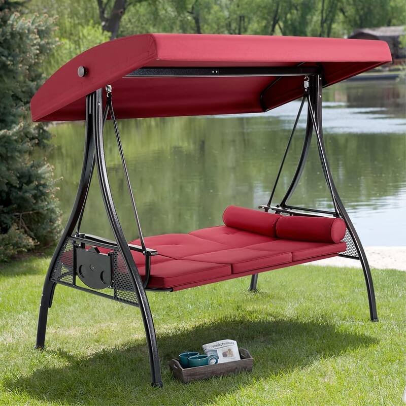 Outdoor 3-Seat Porch Swing with Adjustable Canopy & Cup Holder,Porch Swing Glider Chair, Heavy-Duty Steel Frame