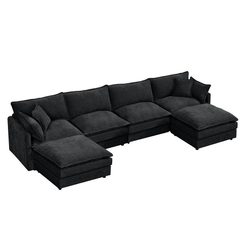 U Shaped Modular Sectional Sofa with Movable Ottoman, Comfy Chenille 4-Seater Cloud Couch, High-Resiliency Foam Deep Seat Sofa