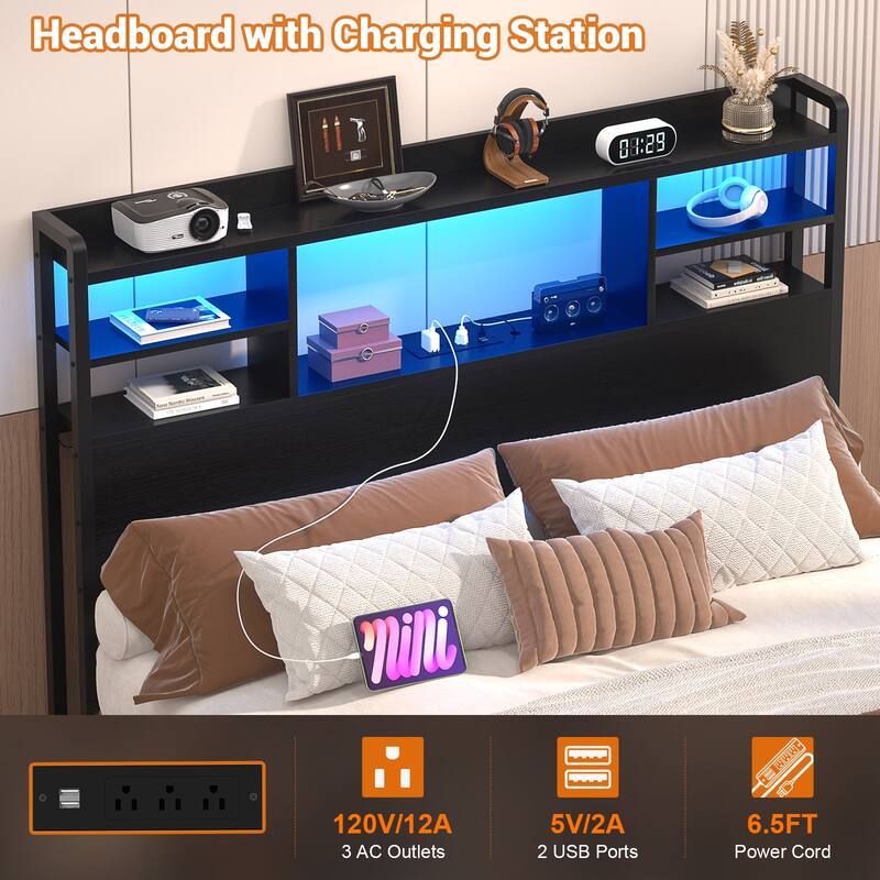 Storage Headboard with USB Port and Power Outlet, Head Board with LED Light for Bed Frame