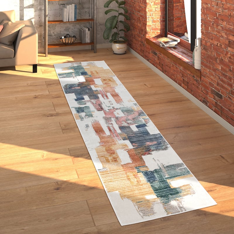 Modern Designer Rug with colorful Art-Works, abstract in cream
