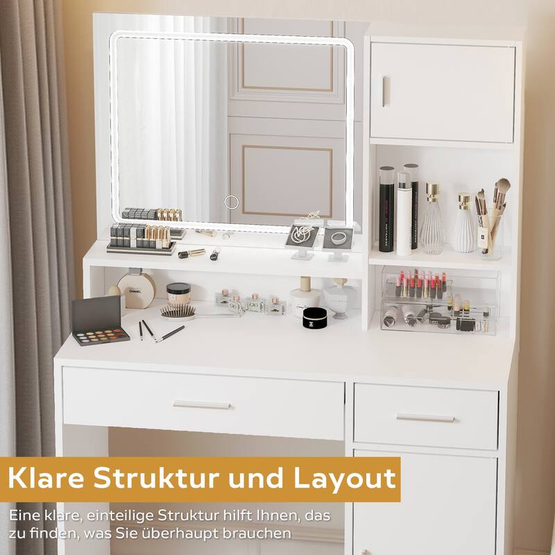 Roomfitters Vanity Desk with LED Lighted Mirror, Makeup Table with Drawers & Cabinet, Vanity Table with Storage