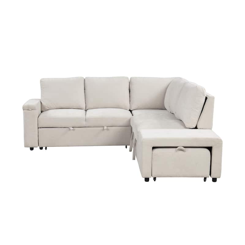 Convertible Sleeper Sectional Sofa with Pull-Out Bed & Storage, L-Shape Modular Sofa with Ottoman, USB Ports & Cup Holders