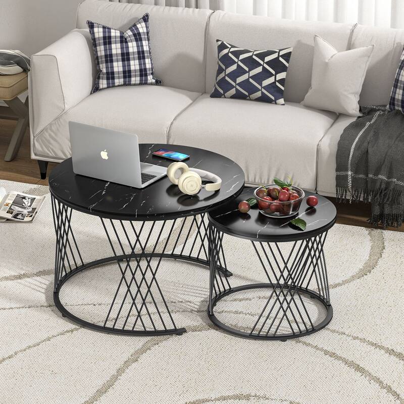 Anmytek Round Nesting Coffee Table Set of 2, White Modern End Tables Living Room Faux Marble Sofa Beside Table