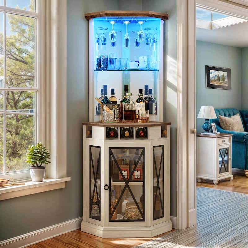 Moasis 72" Corner LED Bar Cabinet with Glass Holder, Wine Rack with Adjustable Shelves