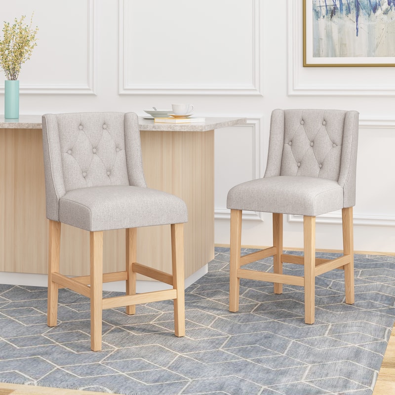 2-Piece Wood Frame Bar Stool Set Fabric Tufted Wingback 27 Inch Counter Stools Island Thick Upholstered Bar Stool