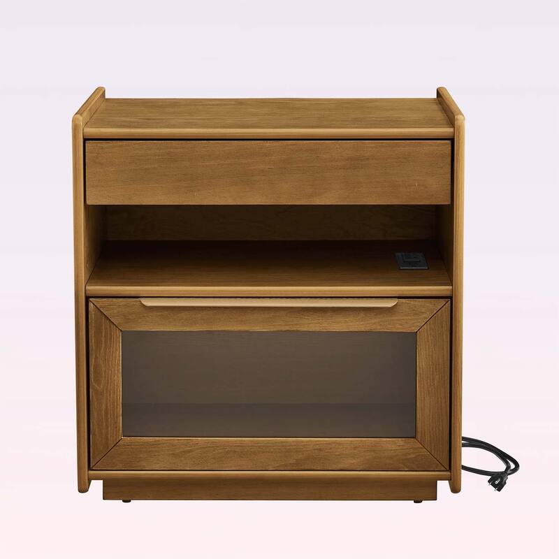 Nightstand with Charging Station,2 Drawers,and Open Shelf,for Farmhouse and Living Room Decor