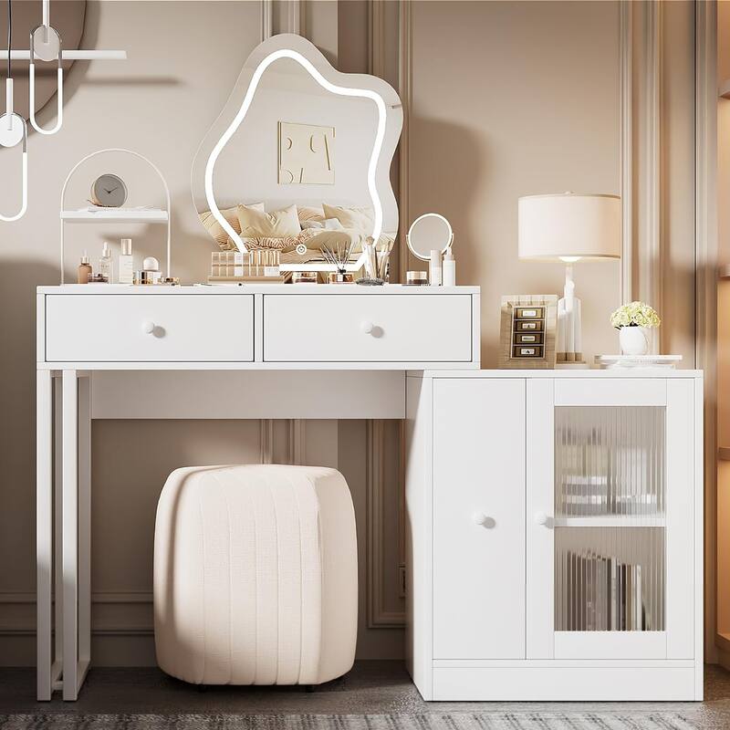 Makeup Vanity with 3-Color Touch Screen Lighted Mirror - White - Wood Finish - Single Vanities