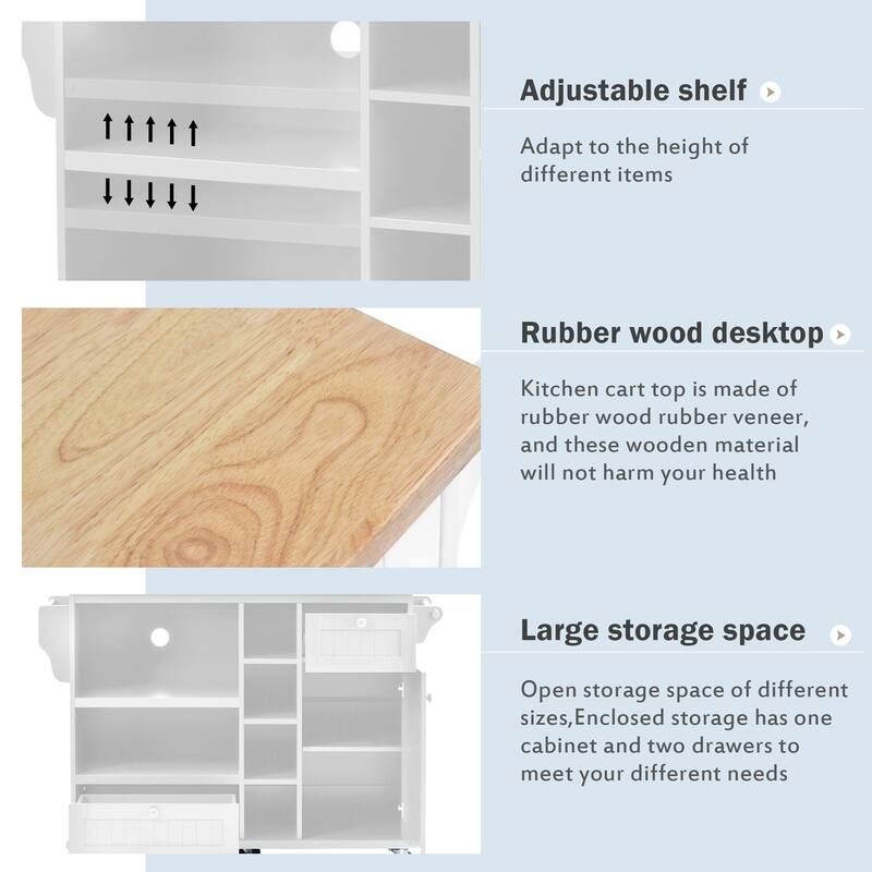 Rubberwood Kitchen Cart with Microwave Storage Rack, Exterior Shelves, and Two Drawers