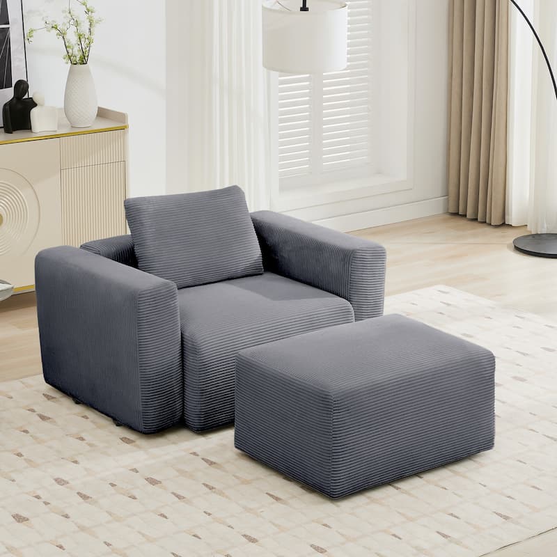 Corduroy Sectional Modular Sofa with Square Arms & Ottoman Extension for Flexible Arrangements