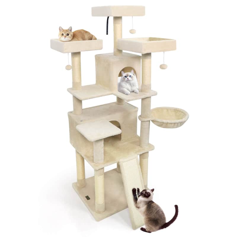 Costway 65” Tall Multi-level Cat Tree with 3 Upholstered Top Perch 2 - See Details - Beige