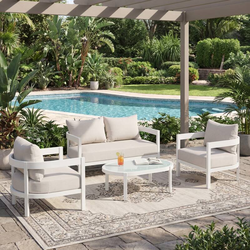 Christopher Knight Home - Modern 4-Piece Outdoor Aluminum Patio Conversation Set with Oval Glass Coffee Table & Thick Cushions