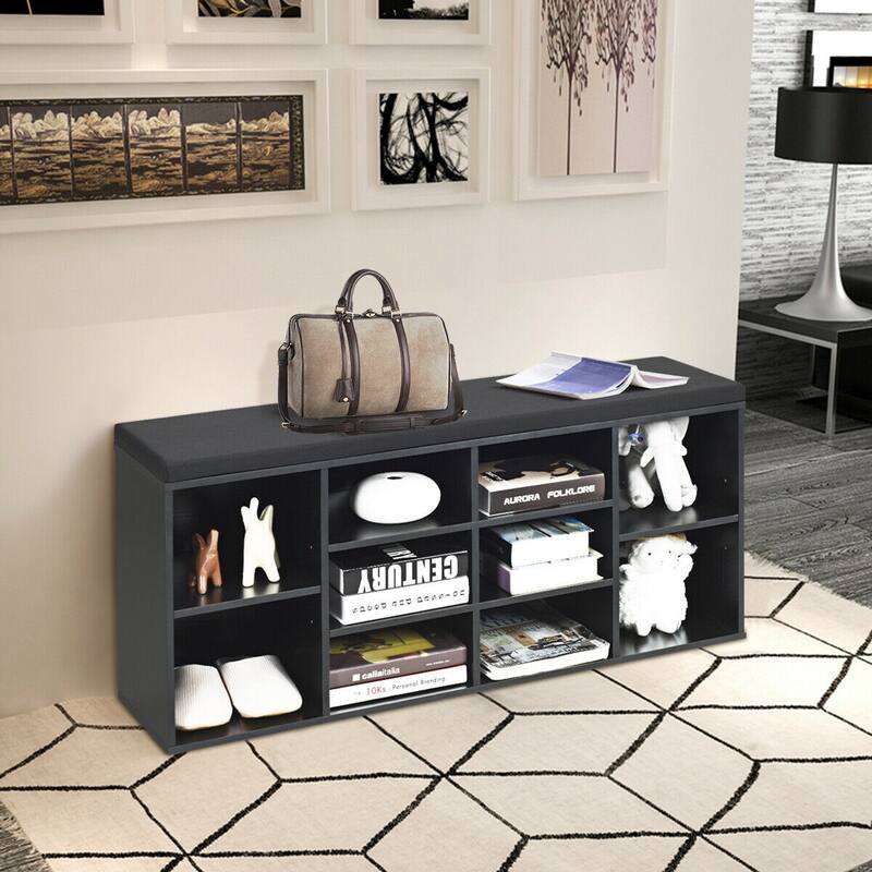 10-Cube Shoe Storage Bench with Cushion for Entryway and Bedroom - 41" x 12" x 19" (L x W x H)