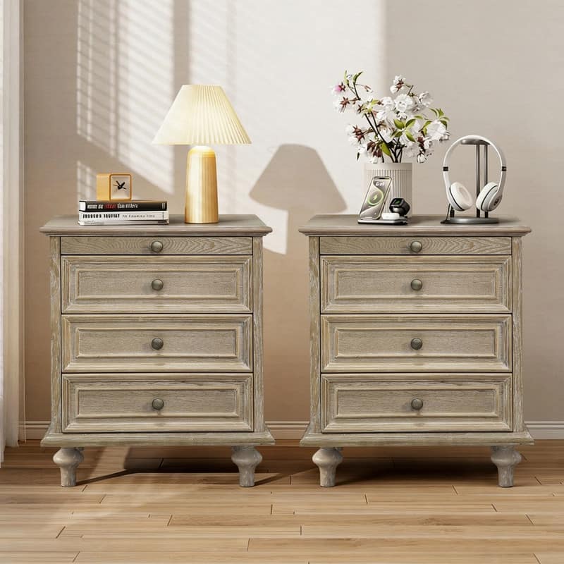 Traditional 3-Drawer Nightstands with Pull-Out Shelf and Solid Wood Legs - 2Piece-Natural