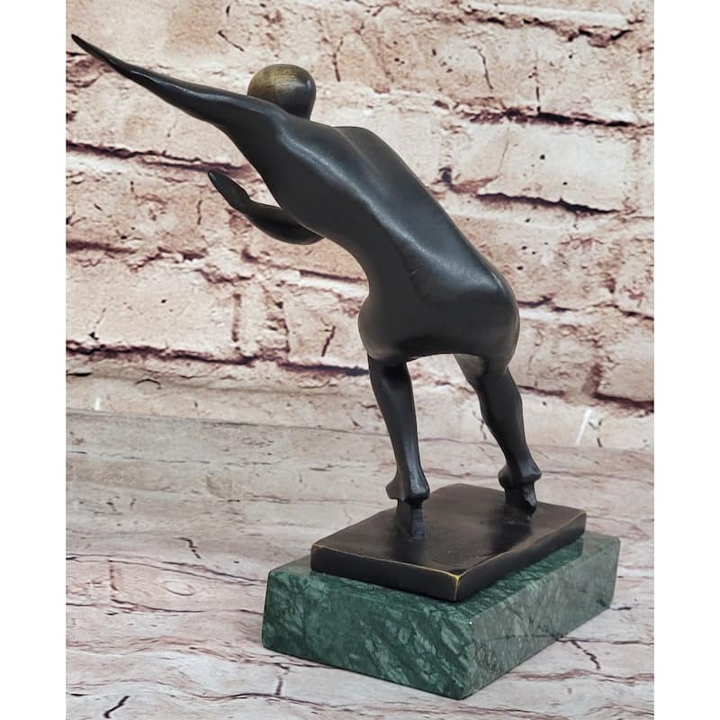 Abstract Modern Art Ice Skater Bronze Sculpture Green Marble Base Figurine Figure