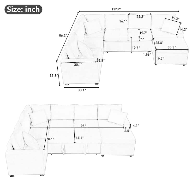 112.2" Sectional Sofa Pull-out Sofa Bed Sleeper with a Storage Ottoman,Three Pillows and Charging Devices for Living Room, Cream