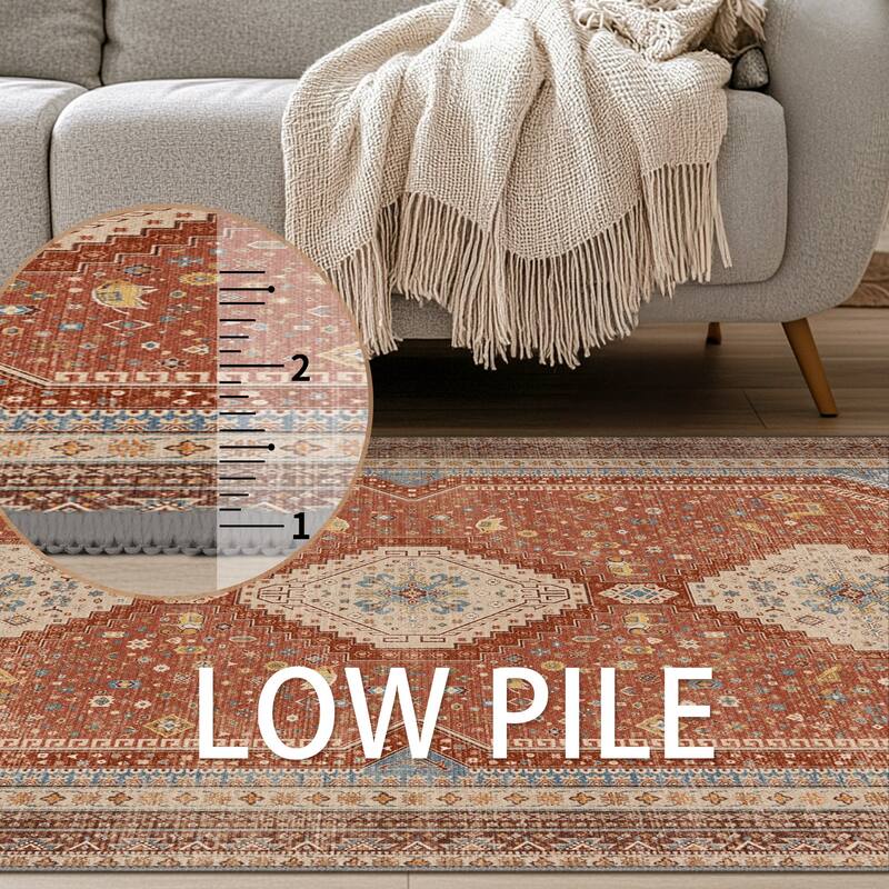 Mcow Faded Floral Vintage Low-Pile Machine Washable Non-Slip Area Rug