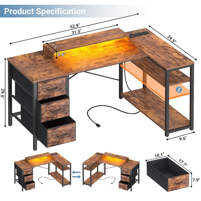 Reversible 53'' L Shaped Computer Desk with Power Outlets & LED Lights,Gaming Desk with 3 Drawers & Monitor Stand