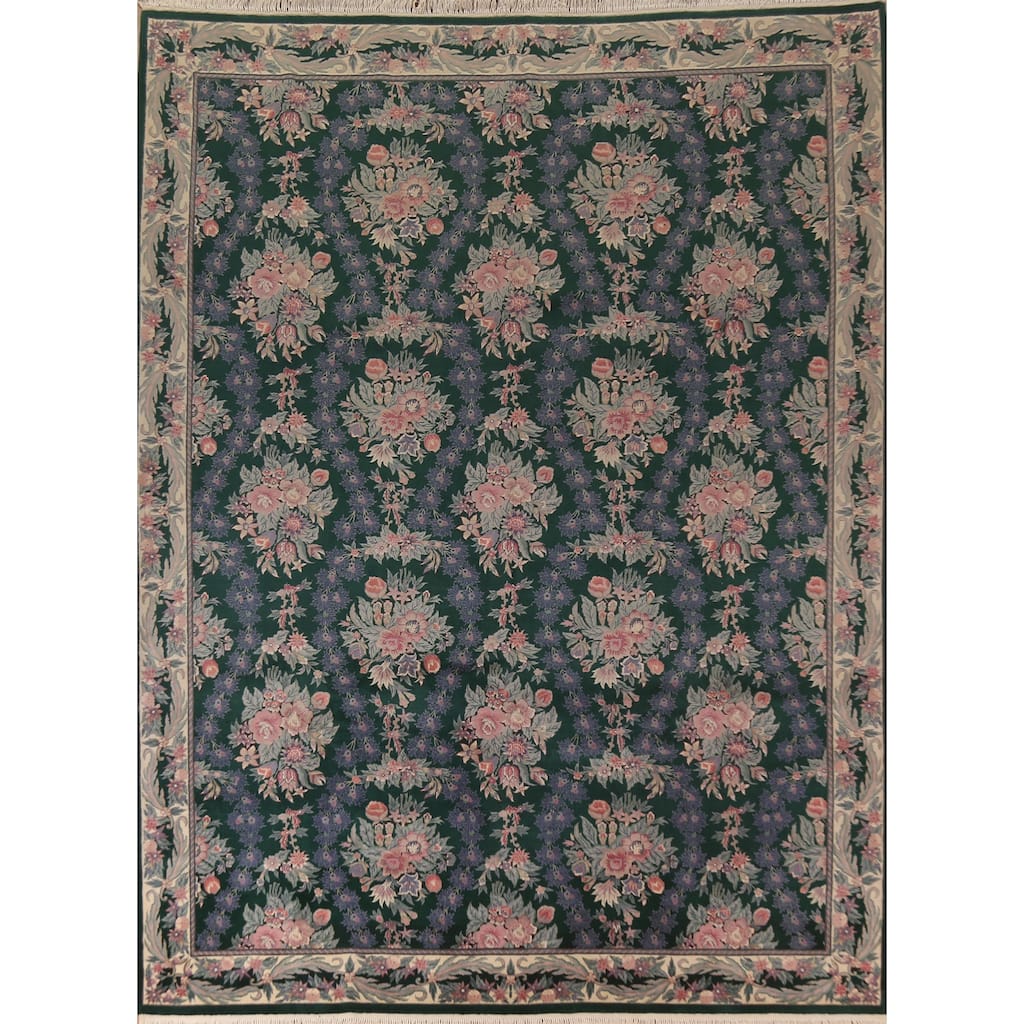 Vegetable Dye Green Aubusson Chinese Area Rug Handmade Wool Carpet - 9'4"x 11'10"