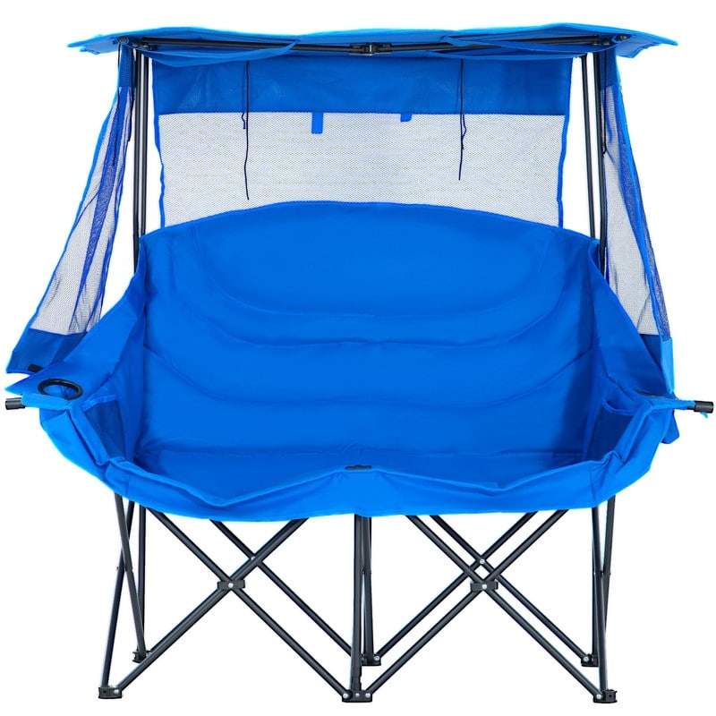 Double Beach Chair with Canopy Shade, Cup Holder and Side Pocket