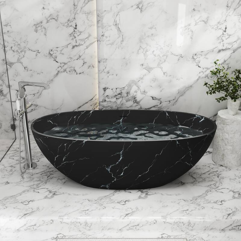 65 in. x 30 in. Solid Surface Freestanding Soaking Bathtub in Matte Black with Royal Misty Marble Pattern, Center Drain