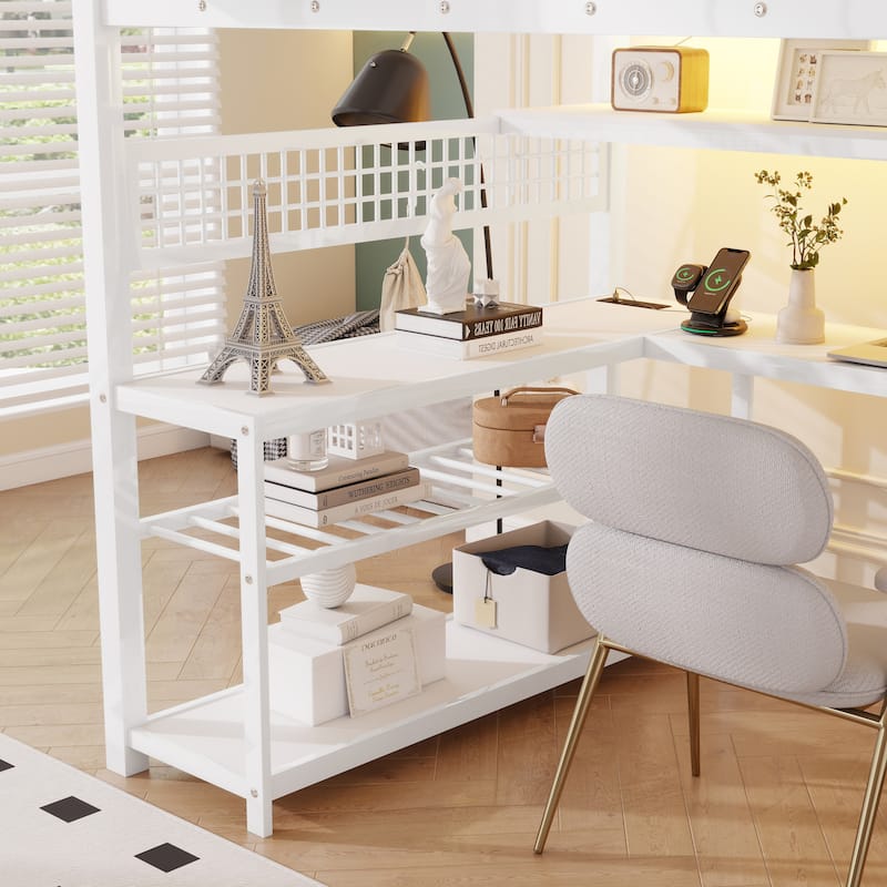 Full Size Loft Bed with Staircase and Wardrobe with Desk, Storage Shelves, LED Lights and Charge Station,Black