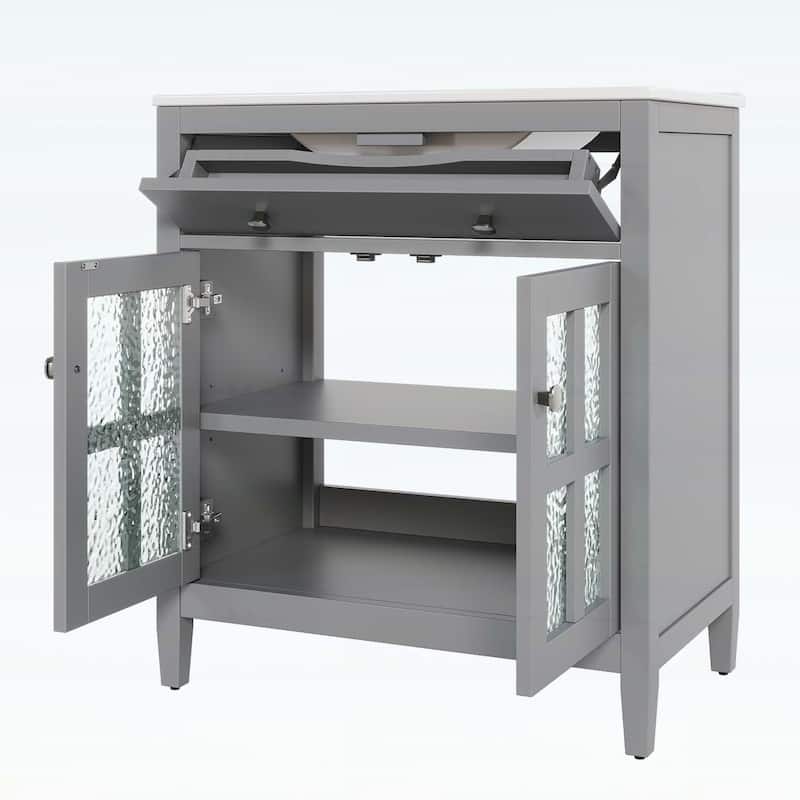 30-Inch Bathroom Vanity with Ceramic Sink,Adjustable Shelf,Tip-Out Tray,Wood Legs
